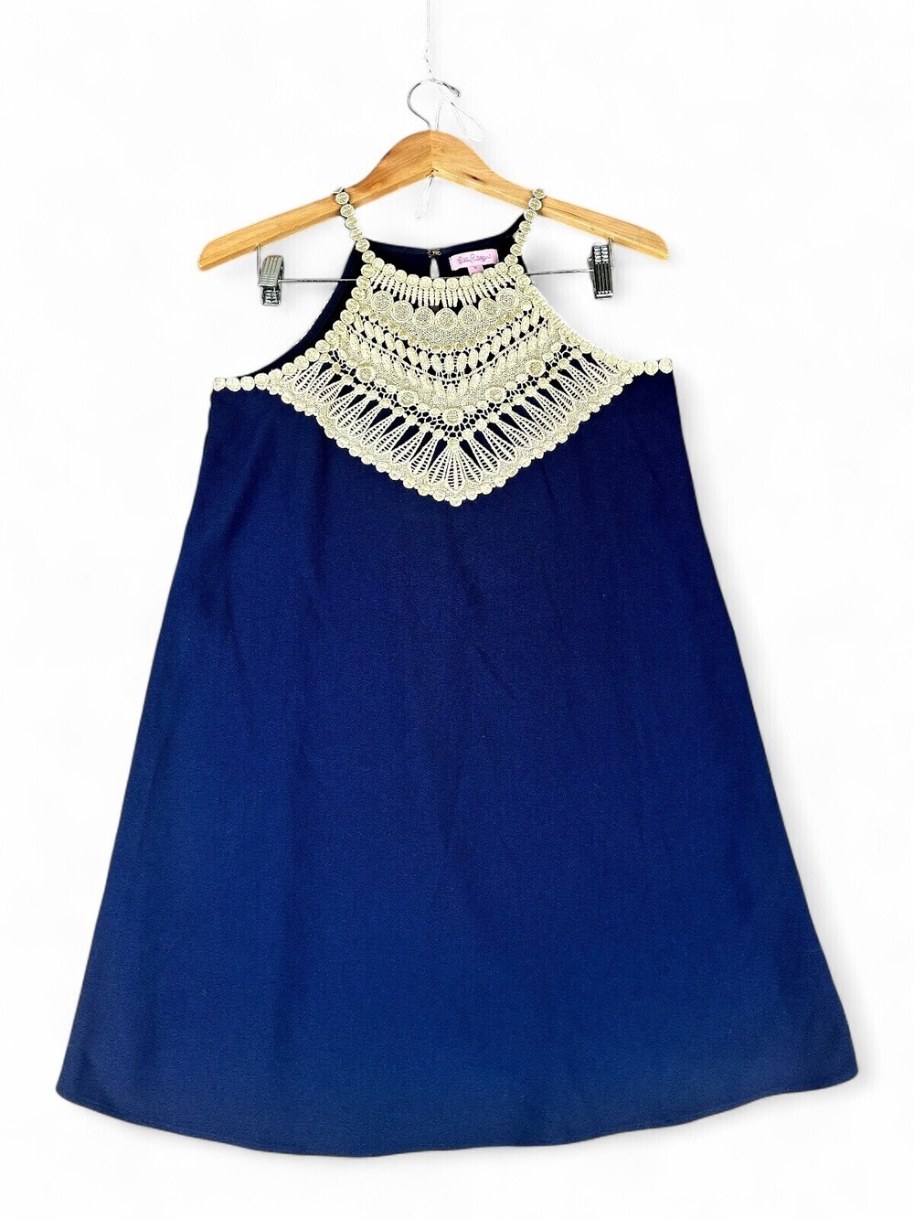 Lilly Pulitzer Crochet Yoke Halter Mini Dress Sz 0 Navy